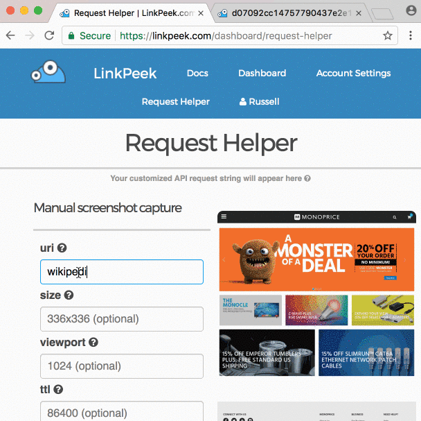 animated GIF of the LinkPeek web page screenshot helper
